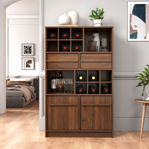 Modern Walnut Wine Cabinet, Sideboard Buffet with 12-Bottle Wine Rack and 2 Drawers, Large Liquor Cabinet with Storage for Dining Room, Kitchen, Living Room - Particle Board+MDF