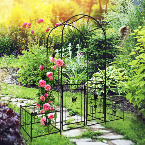 Metal Garden Arch with Gate 79.5'' Wide x 86.6'' High Climbing Plants Support Rose Arch Outdoor Black - Iron - Not Specified - Not Specified