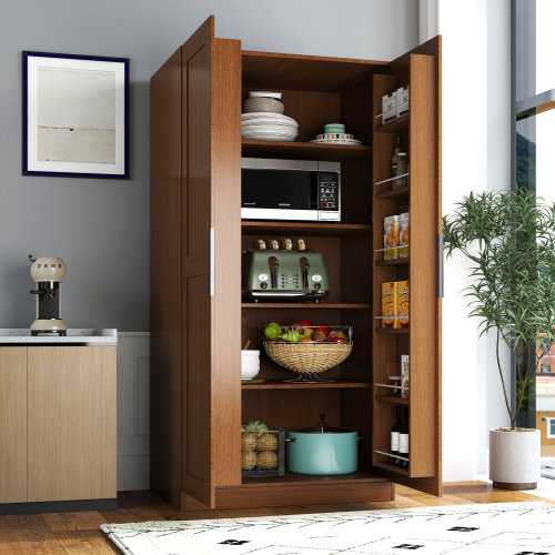 62.99in Kitchen Pantry Cabinet, Walnut Freestanding Buffet Cupboards Sideboard with Doors & Shelves, Kitchen Pantry Storage Cabinet for Kitchen, Living Room and Dinning Room - Particle Board+MDF