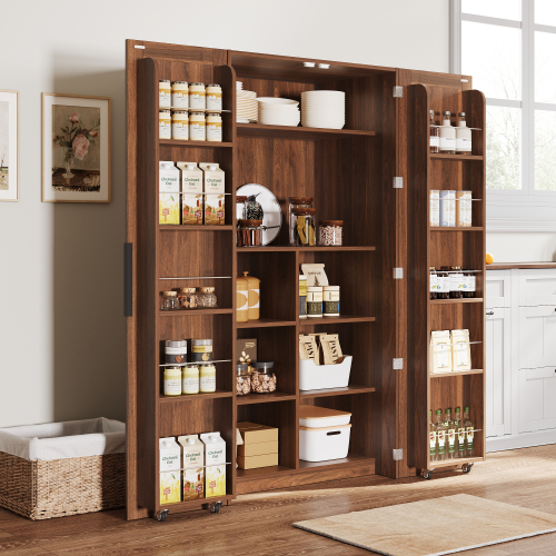 Kitchen Pantry Cabinet, Walnut Freestanding Buffet Cupboards Sideboard with Doors & Shelves, Kitchen Pantry Storage Cabinet for Kitchen, Living Room and Dinning Room - Particle Board+MDF