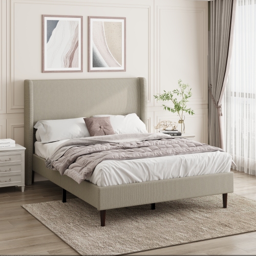 High Headboard Upholstered Bed, Queen Size Bed Frame, 12-Slat Support, Easy to Assemble, Beige, Linen Cloth, No Box Spring Needed - Plywood,Solid Wood+MDF - Box Spring Not Required - Not Specified - Not Specified