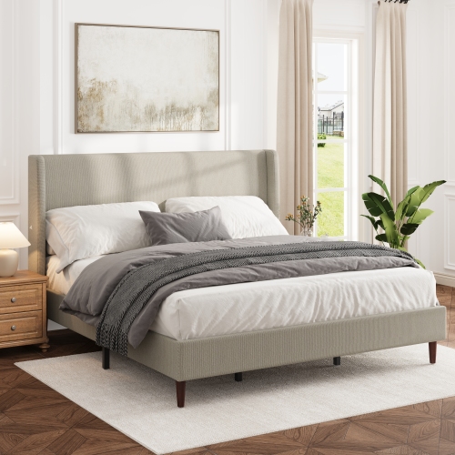 High Headboard Upholstered Bed, King Size Bed Frame, 12-Slat Support, Easy to Assemble, Beige, Linen Cloth, No Box Spring Needed - Plywood,Solid Wood+MDF - Box Spring Not Required