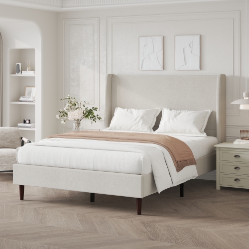 High Headboard Upholstered Bed, Queen Size Bed Frame, 12-Slat Support, Easy to Assemble, Beige, Chenille Cloth, No Box Spring Needed - Plywood,Solid Wood - Box Spring Not Required