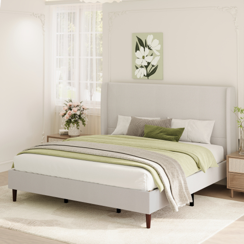 High Headboard Upholstered Bed, King Size Bed Frame, 12-Slat Support, Easy to Assemble, Beige, Chenille Cloth, No Box Spring Needed - Plywood,Solid Wood - Box Spring Not Required