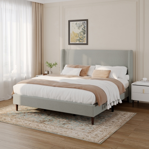 High Headboard Upholstered Bed, King Size Bed Frame, 12-Slat Support, Easy to Assemble,Light Gray , Chenille Cloth, No Box Spring Needed - Plywood,Solid Wood - Box Spring Not Required