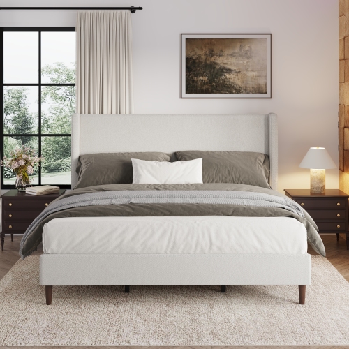 High Headboard Upholstered Bed, King Size Bed Frame, 12-Slat Support, Easy to Assemble, Ivory White, Chenille Cloth, No Box Spring Needed - Plywood,Solid Wood - Box Spring Not Required - Not Specified - Not Specified