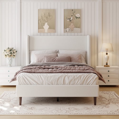 High Headboard Upholstered Bed, Queen Size Bed Frame, 12-Slat Support, Easy to Assemble, Ivory White, Chenille Cloth, No Box Spring Needed - Plywood,Solid Wood - Box Spring Not Required - Not Specified - Not Specified
