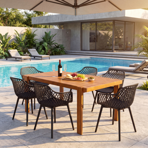 7 Pcs Modern Acacia Wood Patio Dining Table with Plastic Chairs - Black - Acacia Wood,Polypropylene