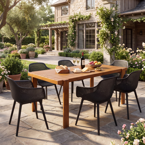 7 Pcs Modern Acacia Wood Patio Dining Table with Plastic Chairs - Black - Acacia Wood,Polypropylene - Black - Acacia Wood,Polypropylene