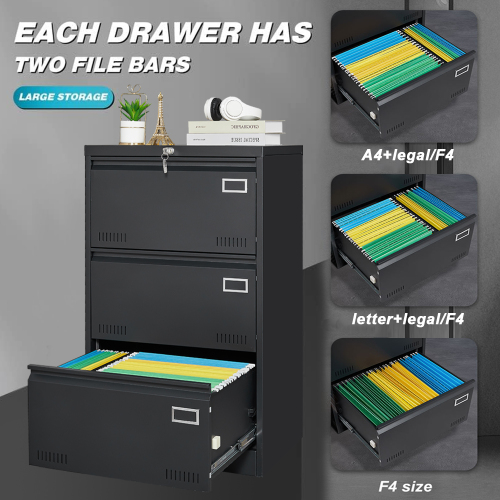 Filing Cabinet Lateral File Cabinet 3 Drawer, Blcak Locking Metal File Cabinets Three Drawer, Office Filing Cabinet with Lock Drawers for Home Office/Legal/Letter/A4/F4 - 3-4 Drawers - Drawers Included - Filing Cabinets - Not Specified