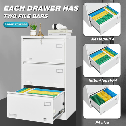 Filing Cabinet Lateral File Cabinet 3 Drawer, White Filing Cabinets with Lock, Locking Metal File Cabinets Three Drawer Office Cabinet for Legal/Letter/A4/F4 Home Offic - 3-4 Drawers - Drawers Included - Not Specified