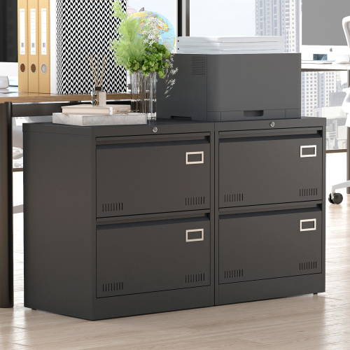 2 Drawer Lateral File Cabinet with Lock, Black Metal Vertical Filing Cabinet for Home Office, Fits Legal, Letter & A4 Size Files, Assembly Required - 1-2 Drawers - Drawers Included - Filing Cabinets - Modern