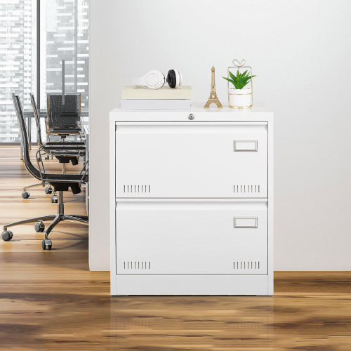 2 Drawer Lateral File Cabinet, White Lockable Metal Filing Cabinet for Legal, Letter & A4 Files, Home Office Storage Cabinet - 1-2 Drawers - Drawers Included - Filing Cabinets - Not Specified