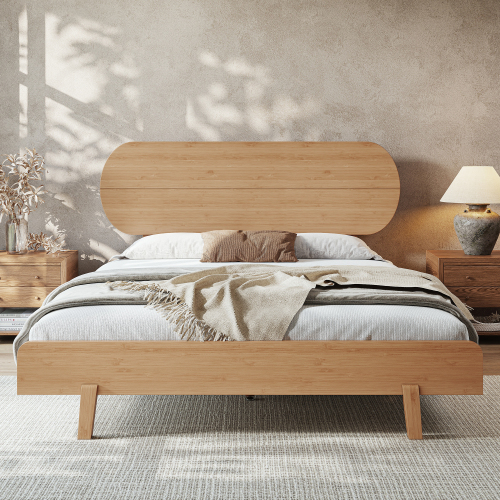 Queen Size Bamboo Platform Bed with Round Shape Headboard and Little Footboard, Solid Bamboo-made Bed Frame with Support Slats, Full/Queen/King Bed Frame for Bedroom, Guest Rooms, Dorms, Natural
