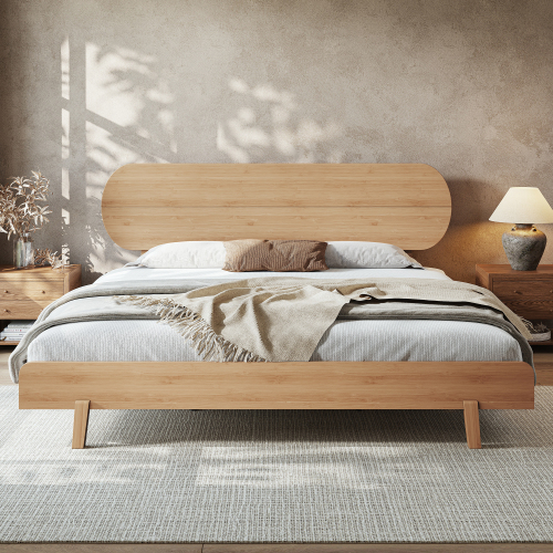 King Size Bamboo Platform Bed with Round Shape Headboard and Little Footboard, Solid Bamboo-made Bed Frame with Support Slats, Full/Queen/King Bed Frame for Bedroom, Guest Rooms, Dorms, Natural