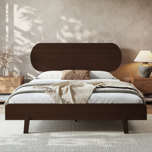 Queen Size Bamboo Platform Bed with Round Shape Headboard and Little Footboard, Solid Bamboo-made Bed Frame with Support Slats, Full/Queen/King Bed Frame for Bedroom, Guest Rooms, Dorms,Espresso