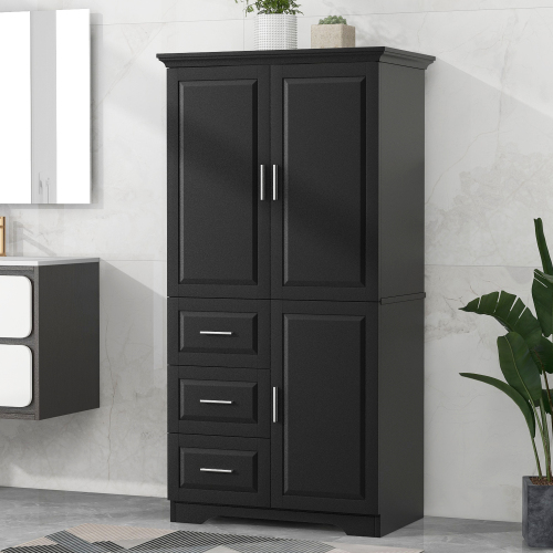 Tall and Wide Storage Cabinet with Doors for Bathroom/Office, Three Drawers, Black - MDF - MDF(Old SKU)