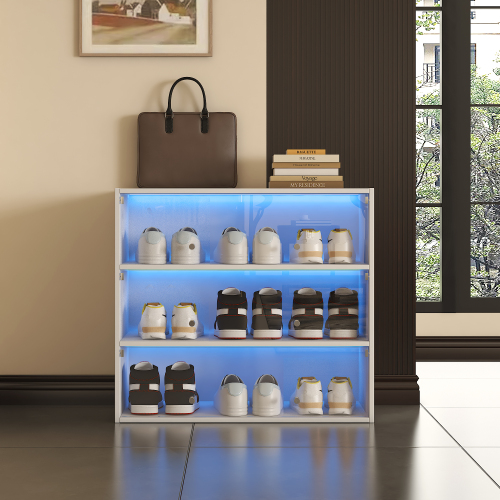 White Glass Door Shoe Box Shoe Storage Cabinet  With RGB Led Light - MDF - MDF