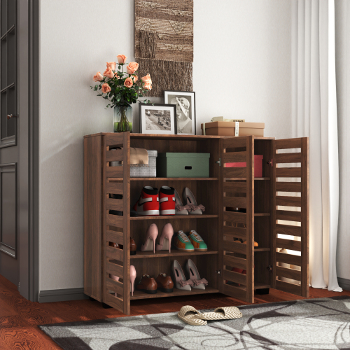 Shoe Cabinet, 5-Tier Shoe Storage Cabinet with Adjustable Shelves, Wooden Shoe Rack Organizer with Louvered Doors for Entryway, Hallway, Bedroom, Closet, Living Room - Walnut - Particle Board+MDF - Walnut - Particle Board