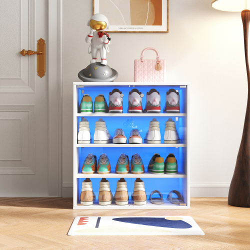 Shoe Box with RGB LED Light, Wooden Stackable Shoe Storage Box with Glass Door, Shoe Storage Bin Shoe Display Case for Sneakers (4 Tier-1) - White - Particle Board+MDF - White - Particle Board
