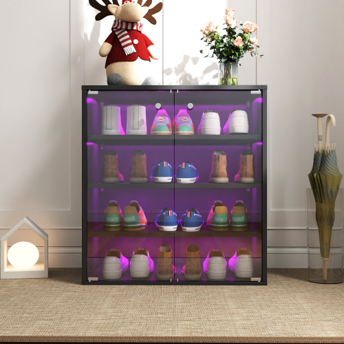 Shoe Box with RGB LED Light, Wooden Stackable Shoe Storage Box with Glass Door, Shoe Storage Bin Shoe Display Case for Sneakers (4 Tier-1) - Black - Particle Board+MDF - Black - Particle Board