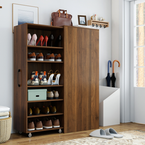 6 Tier Sliding Door Shoe Cabinet with Wheels, Tall  Shoe Storage Organizer, Freestanding Shoe Rack Closet for Entryway, Hallway, Home - Walnut - Particle Board+MDF - Walnut - Particle Board