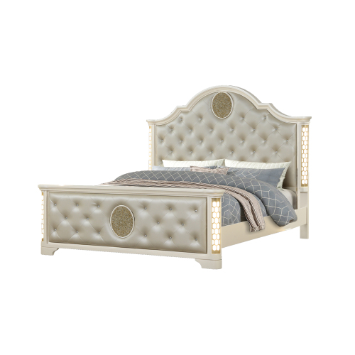 JASMINE Queen Size Tufted Upholstery & LED Bed made with Wood in Beige - Solid Wood+MDF - Contemporary,Modern - Bedroom - Not Specified - Box Spring Required - Acacia - Polyester - Not Specified - Not Specified - Not Specified - Slat Beds