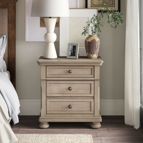 Transitional Bedroom Nightstand with Hidden Drawer Wire Brushed Gray Finish Birch Veneer Wood Bed Side Table - Traditional - 2 Drawers - Not Specified - Not Specified - Not Specified
