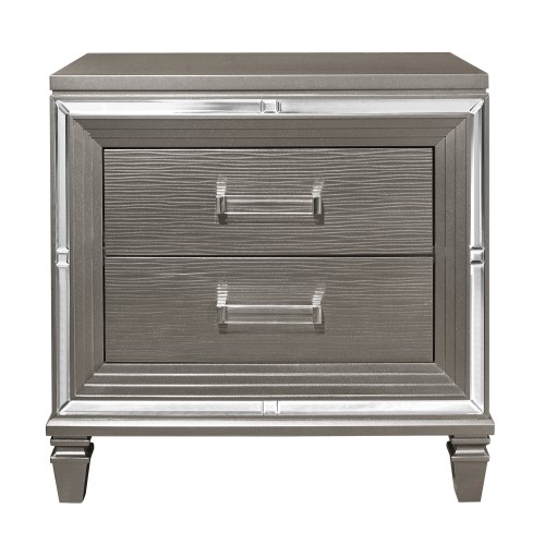 Elegant Style Silver-Gray Metallic Finish Nightstand Beveled Mirror Trim Dovetail Drawers Wooden Furniture - Glam,Modern - 2 Drawers - Bedroom - Not Specified - Not Specified - Not Specified