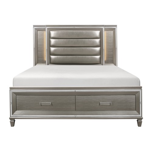 Modern Bedroom Furniture 1pc Queen Platform Bed Footboard Storage Upholstered LED Headboard Silver-Gray Metallic Finish - Silver+Grey - Solid Wood - Glam,Modern,Traditional - Not Specified - Grey - Solid Wood - Box Spring Not Required - Wood