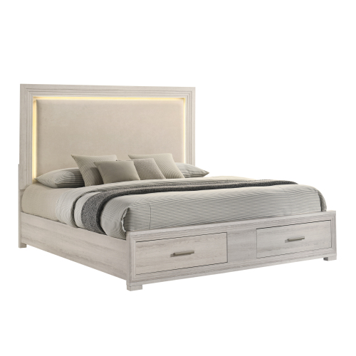 Colorado Modern Style King Bed made with wood and Upholstered LED Headboard in Rustic Natural - Natural+Rustic - Solid Wood+MDF - Bedroom - Storage Included - Acacia - Box Spring Not Required