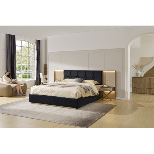 Luxurious CK Platform Bed Frame, Velvet Upholstered with Metal Frame Headboard, 2 Built-in Wall Lamps and Bedside Table, Sturdy Metal and Solid Wood Frame, No Box Spring Needed, High-end Black - Wood+Metal - Modern - California King - Not Specified - Not Specified - Not Specified