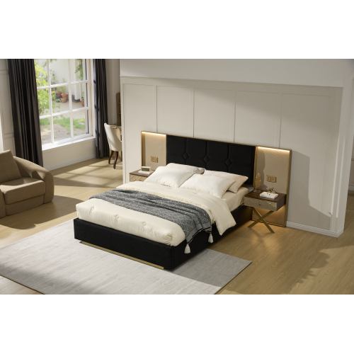Luxurious Queen Platform Bed Frame, Velvet Upholstered with Metal Frame Headboard, 2 Built-in Wall Lamps and Bedside Table, Sturdy Metal and Solid Wood Frame, No Box Spring Needed, High-end Black - Not Specified - Not Specified - Bedroom - Not Specified