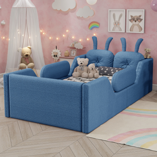 Twin Size Upholstered Platform Bed with Rabbit Cushion, Kids Floor Upholstered Bed with Removable Side Rails, Blue(Expect Arrival Date 2025/1/15) - Teddy