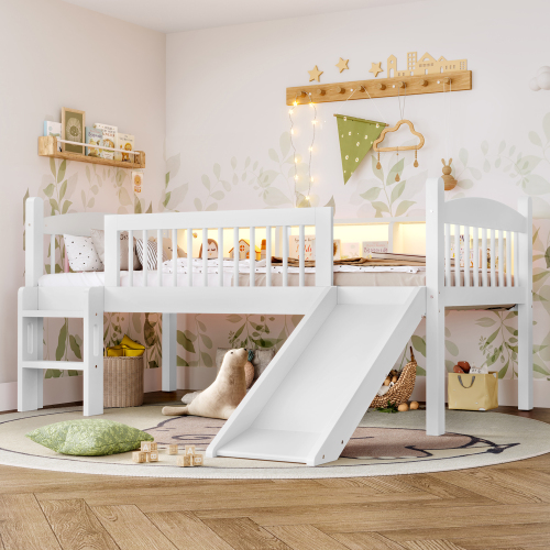Twin XL Loft Bed with Storage Shelves, Solid Wood Lower Loft Bed with LED Lights and Full-length Guardrails, No Box Spring Needed, White - Light White - MDF,Pine,Plywood - Light White - MDF