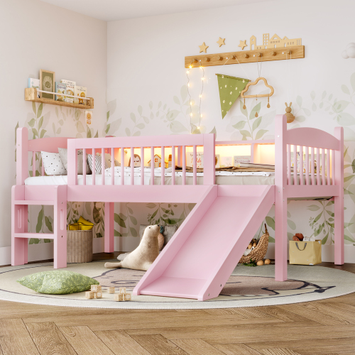 Twin XL Loft Bed with Storage Shelves, Solid Wood Lower Loft Bed with LED Lights and Full-length Guardrails, No Box Spring Needed, Pink - MDF,Pine,Plywood - MDF