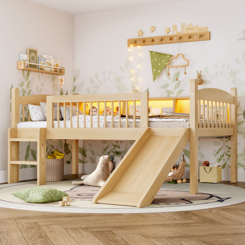 Twin XL Loft Bed with Storage Shelves, Solid Wood Lower Loft Bed with LED Lights and Full-length Guardrails, No Box Spring Needed,  Natural - MDF,Pine,Plywood - MDF