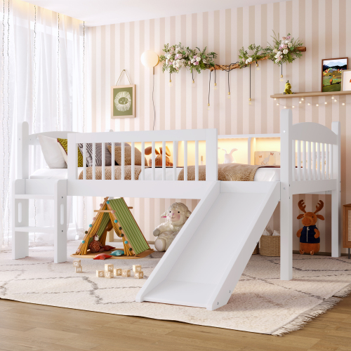 Twin Loft Bed with Storage Shelves, Solid Wood Lower Loft Bed with LED Lights and Full-length Guardrails, No Box Spring Needed, White - Light White - MDF,Pine,Plywood - Light White - MDF