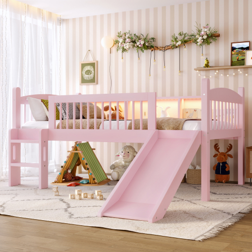 Twin Loft Bed with Storage Shelves, Solid Wood Lower Loft Bed with LED Lights and Full-length Guardrails, No Box Spring Needed, Pink - MDF,Pine,Plywood - MDF