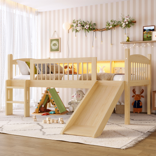 Twin Loft Bed with Storage Shelves, Solid Wood Lower Loft Bed with LED Lights and Full-length Guardrails, No Box Spring Needed,  Natural - MDF,Pine,Plywood - MDF