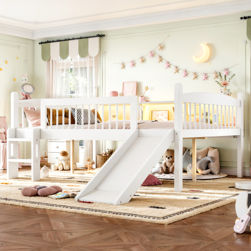 Full Loft Bed with Storage Shelves, Solid Wood Lower Loft Bed with LED Lights and Full-length Guardrails, No Box Spring Needed,  White - MDF,Pine,Plywood - Twin - Not Specified - MDF - Twin