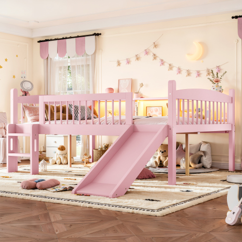 Full Loft Bed with Storage Shelves, Solid Wood Lower Loft Bed with LED Lights and Full-length Guardrails, No Box Spring Needed,  Pink - MDF,Pine,Plywood - Twin - Not Specified - White - MDF - Twin