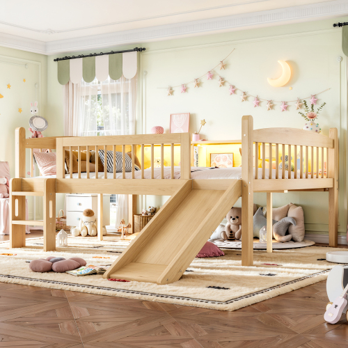 Full Loft Bed with Storage Shelves, Solid Wood Lower Loft Bed with LED Lights and Full-length Guardrails, No Box Spring Needed, Natural - MDF,Pine,Plywood - Twin - Not Specified - White - MDF - Twin