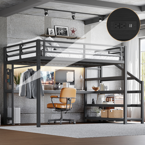 Queen Loft Bed with Desk and Storage Stairs, Metal Loft Beds with LED Lights, USB Ports, Multifunctional Iron Nets, No Spring Box Needed and Noise-free, Black - MDF+Metal