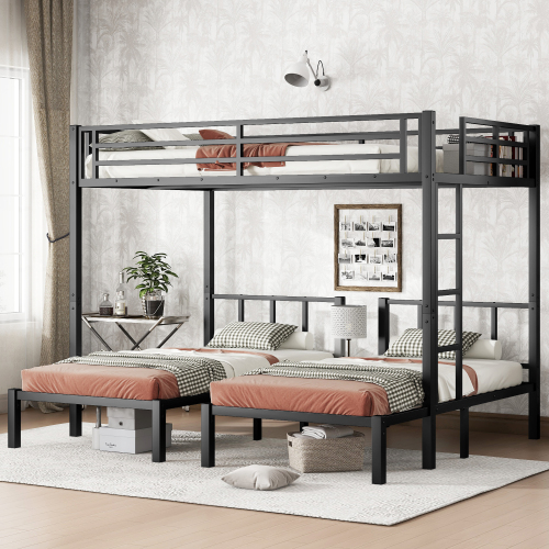 Twin over Twin & Queen Bunk Bed, Metal Triple Bunk Bed with Safety Guardrails,Space-Saving/Noise Reduced,Black - Not Specified - Not Specified - Not Specified - Not Specified