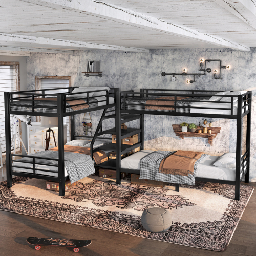Twin L-Shaped Metal Bunk Bed with Storage Shelves and High-Quality safety Guardrail,Space-Saving,Black.