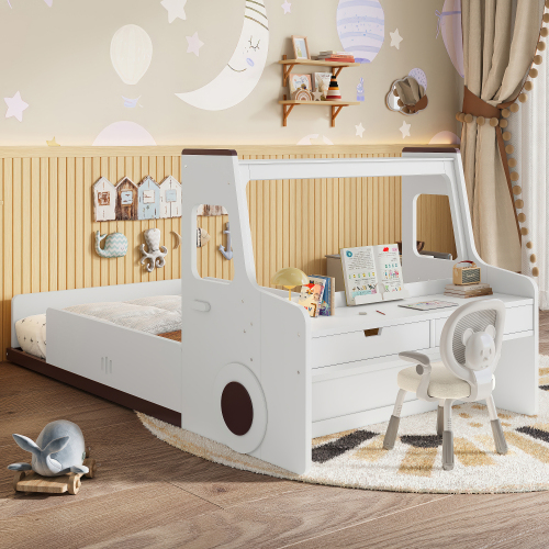 Twin Size Floor Bed with Interesting Car-shape Design, Kids Car Floor Bed with Storage Drawers, Window, and Desk, Childlike Design, White - Light White - MDF,Pine,Plywood - Light White - MDF
