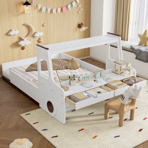 Full Size Floor Bed with Interesting Car-shape Design, Kids Car Floor Bed with Storage Drawers, Window, and Desk, Childlike Design, White - Light White - MDF,Pine,Plywood - Light White - MDF