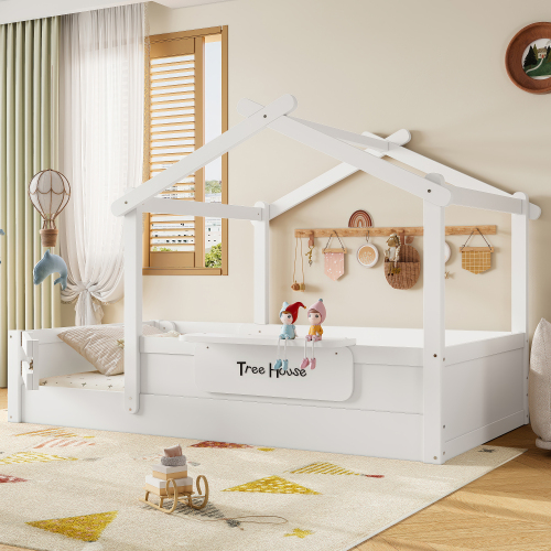 Twin Size Floor Bed with Guardrails and Roof, Kids House Floor Bed with a Small Built-in Tray and Free-installed Signboard, Childlike Design, White - Light White - MDF,Pine,Plywood - Light White - MDF