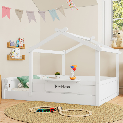 Full Size Floor Bed with Guardrails and Roof, Kids House Floor Bed with a Small Built-in Tray and Free-installed Signboard, Childlike Design, White - Light White - MDF,Pine,Plywood - Light White - MDF